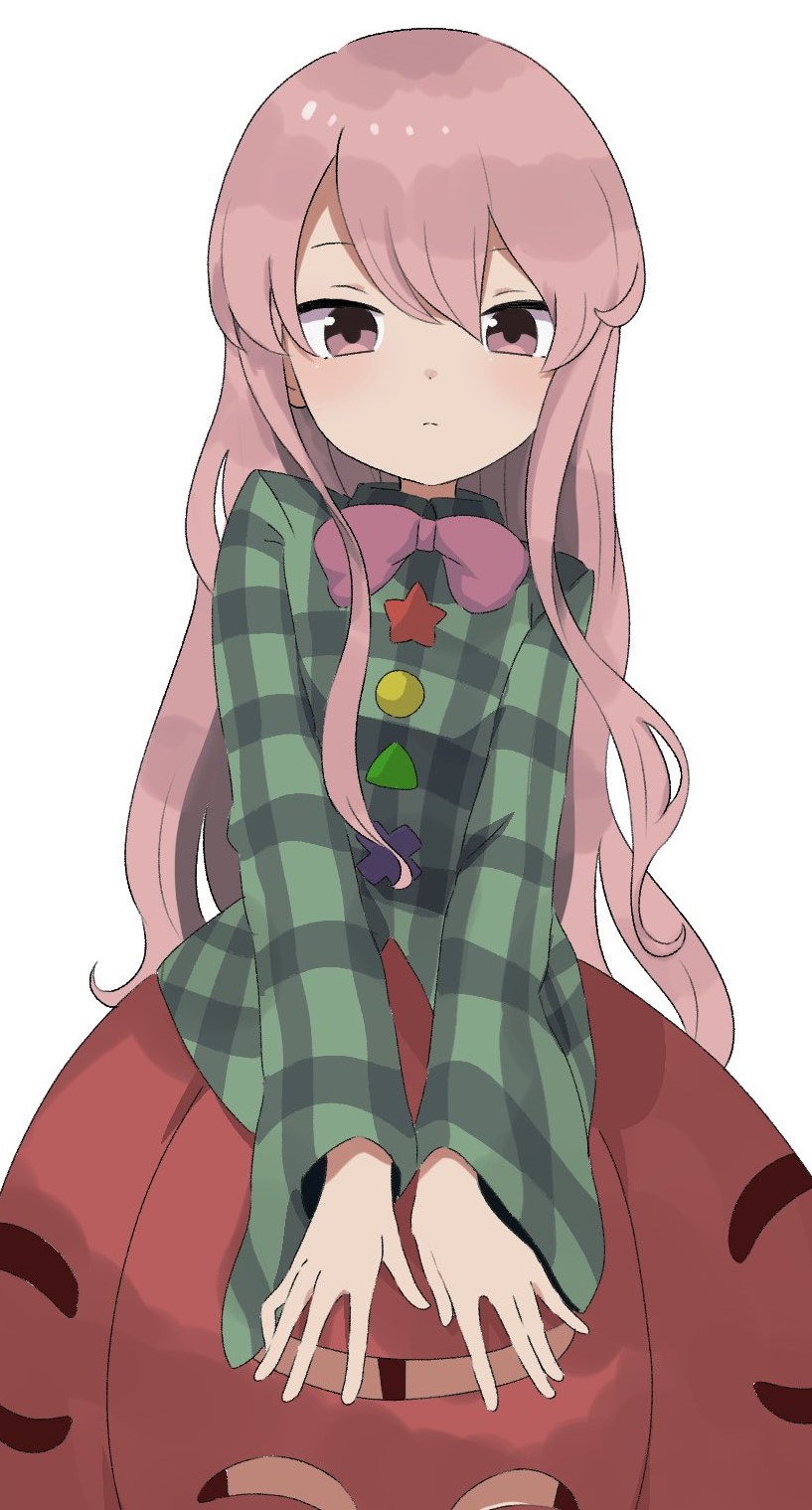 1girl bow bowtie bubble_skirt circle closed_mouth green_shirt hata_no_kokoro highres iroha-kuro long_hair long_sleeves looking_at_viewer pink_eyes pink_hair plaid plaid_shirt purple_bow purple_bowtie red_skirt shirt simple_background skirt solo star_(symbol) touhou triangle white_background