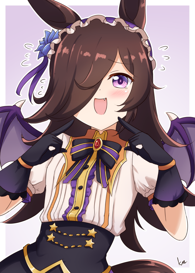 alternate_costume animal_ears black_hair blush breasts commentary_request fang gloves halloween horse_ears horse_girl horse_tail kimukimu looking_at_viewer open_mouth rice_shower_(umamusume) small_breasts sweat sweating_profusely tail umamusume violet_eyes wings