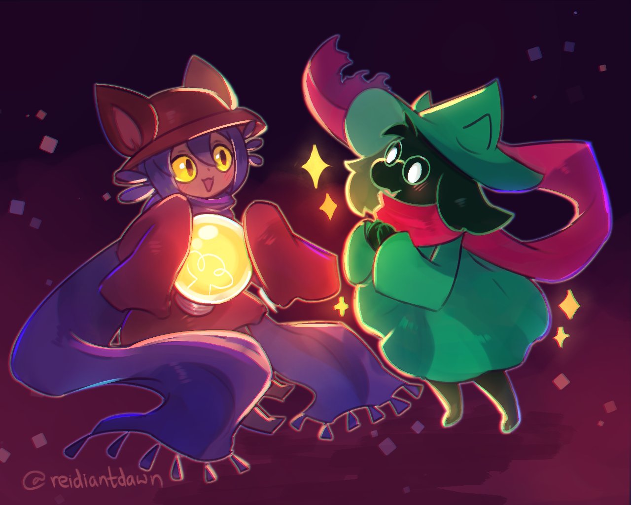 animal_ears blue_scarf blush cat_ears crossover deltarune goat green_headwear green_tunic horns light_bulb niko_(oneshot) oneshot_(game) open_mouth pink_scarf ralsei reidiantdawn scarf slit_pupils third-party_source tunic whiskers wizard