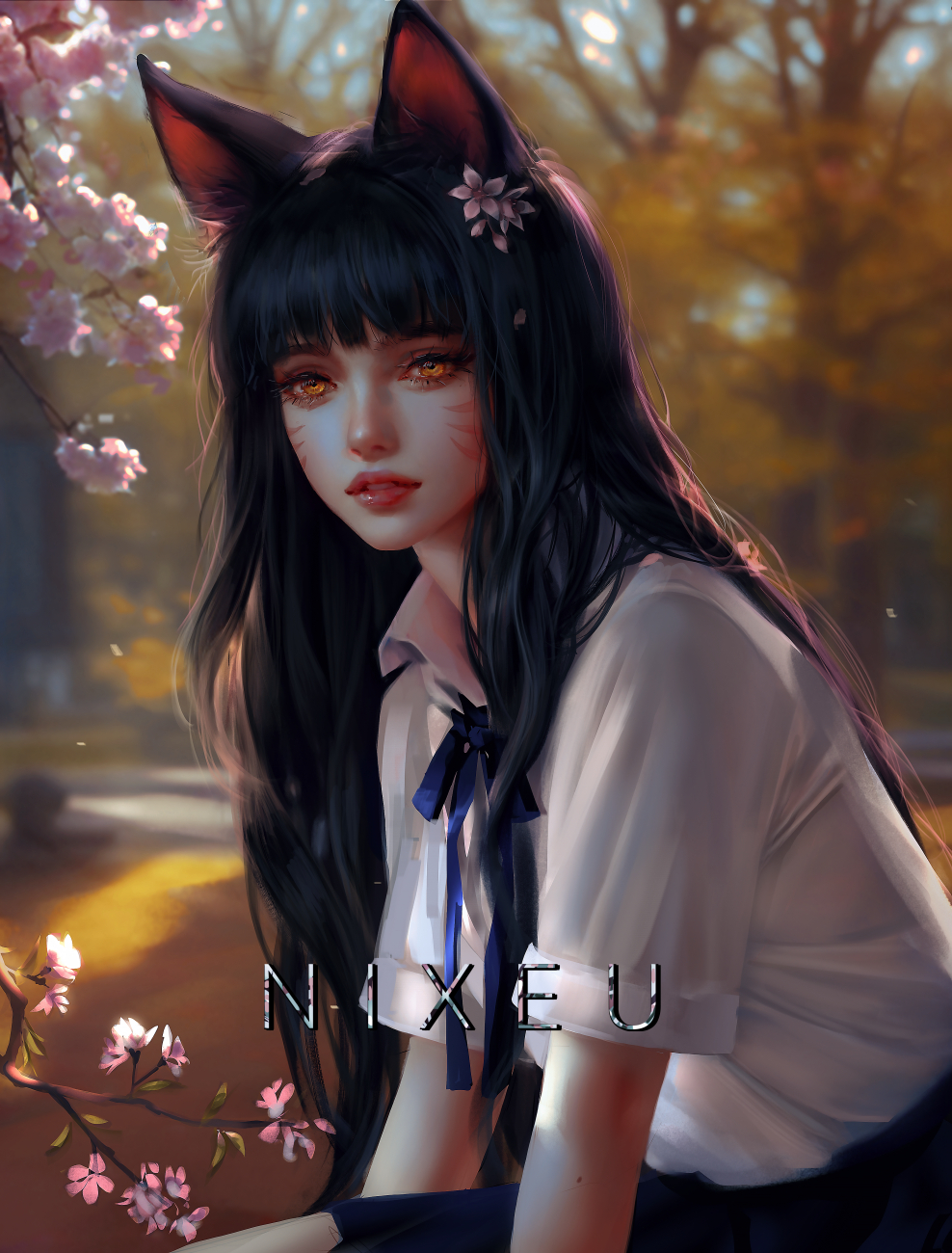 1girl ahri_(league_of_legends) animal_ears artist_name bangs black_hair black_skirt blue_ribbon blurry blurry_background collared_shirt facial_mark flower fox_ears grey_flower hair_flower hair_ornament highres league_of_legends long_hair looking_at_viewer neck_ribbon nixeu orange_eyes parted_lips pleated_skirt ribbon shirt sitting skirt solo teeth whisker_markings white_shirt