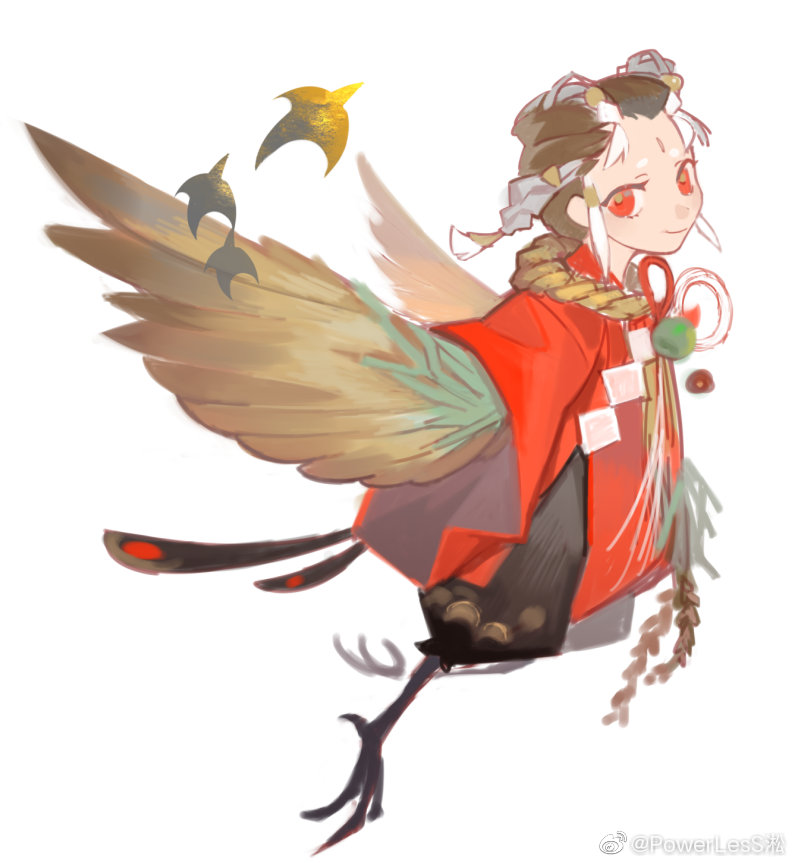 1girl bird_legs brown_feathers brown_hair brown_wings feathers harpy japanese_clothes looking_at_viewer monster_girl original powerlesssong red_eyes rope shimenawa short_hair simple_background white_background winged_arms wings