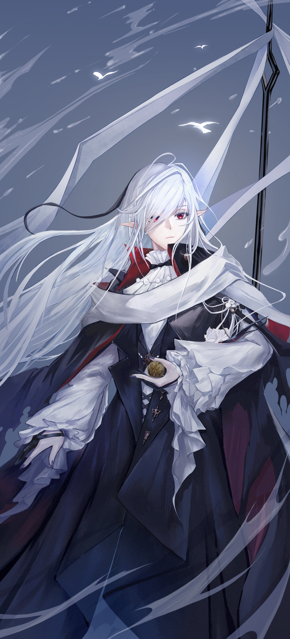 1girl ahoge arknights ascot black_dress cowboy_shot dress gladiia_(arknights) gladiia_(return)_(arknights) grey_background highres long_hair long_sleeves maboroshi_hane official_alternate_costume pointy_ears red_eyes simple_background solo very_long_hair weapon weapon_on_back white_ascot white_hair white_sleeves