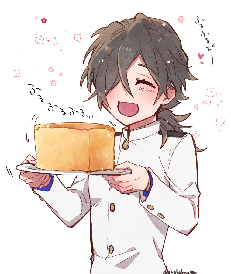 1boy :d ^_^ background_text black_hair blue_shirt blush buttons cake castella_(food) closed_eyes fate/grand_order fate_(series) flower_(symbol) food hair_over_one_eye holding holding_plate jacket low_ponytail male_focus masaki_(star8moon) plate sakamoto_ryouma_(fate) shirt smile solo upper_body white_background white_jacket