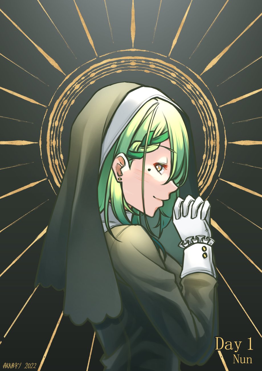 1girl akkanen black_background braid braided_bangs ceres_fauna earrings gloves green_hair habit hair_ornament highres hololive hololive_english jewelry long_hair long_sleeves mole mole_under_eye nun own_hands_clasped own_hands_together solo virtual_youtuber yellow_eyes