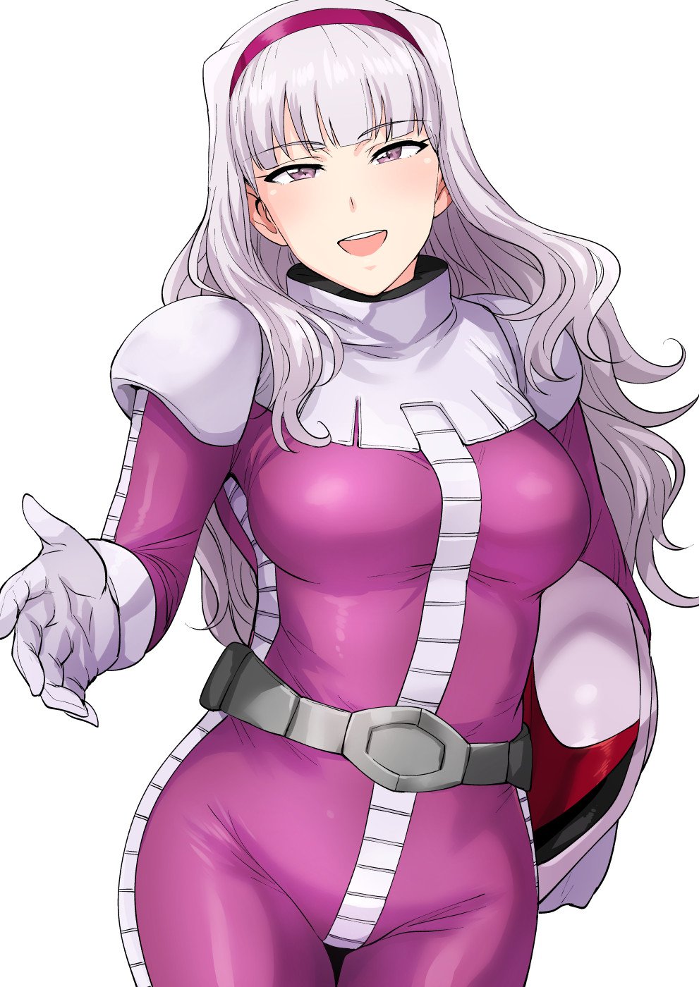 1girl :d blush breasts character_request cosplay gloves gundam hairband helmet highres idolmaster long_hair looking_at_viewer mobile_suit_gundam open_mouth pilot_suit simple_background smile solo tsurui white_background