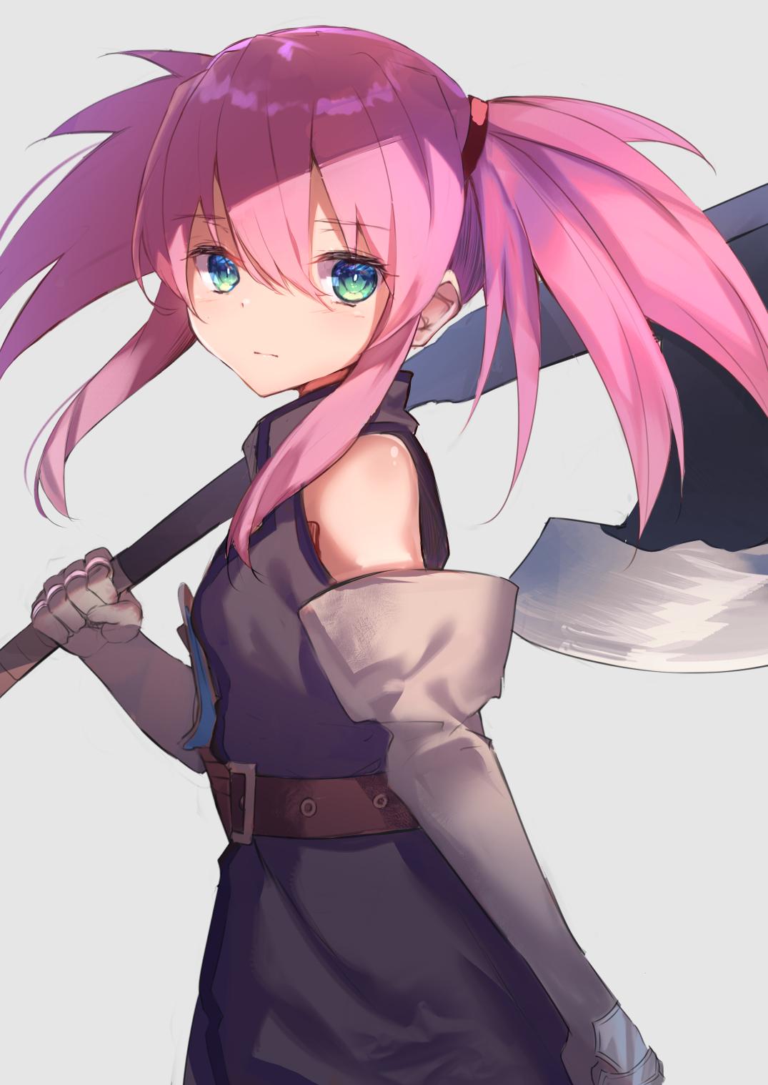 1girl axe belt blue_eyes boots closed_mouth elbow_gloves gloves highres holding holding_axe hopepe long_hair looking_at_viewer pink_hair presea_combatir simple_background solo tales_of_(series) tales_of_symphonia twintails weapon