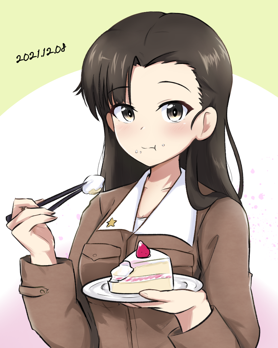 1girl :t armorganger asymmetrical_bangs bangs birthday_cake black_eyes black_hair brown_jacket cake cake_slice chi-hatan_military_uniform chopsticks closed_mouth commentary dated eating food food_on_face girls_und_panzer holding holding_chopsticks holding_plate jacket long_hair long_sleeves looking_at_viewer military military_uniform nishi_kinuyo plate solo star_(symbol) straight_hair uniform you're_doing_it_wrong