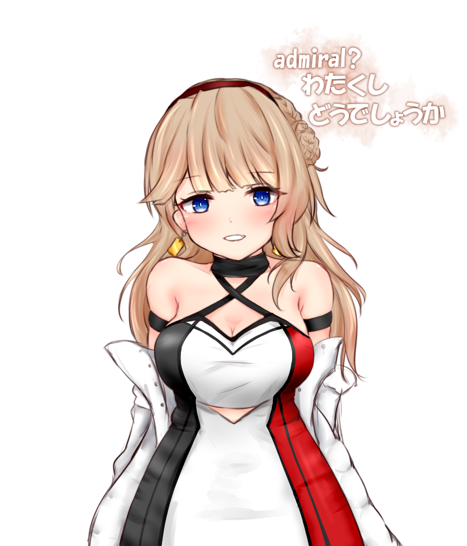 1girl black_dress black_hairband blonde_hair blue_eyes braid breasts dress earrings hair_bun hairband jacket jewelry kantai_collection large_breasts long_hair multicolored_clothes multicolored_dress off_shoulder official_alternate_costume open_clothes open_jacket racequeen ranger_(kancolle) red_dress side_braid single_side_bun sleeveless sleeveless_dress solo translation_request upper_body white_dress white_jacket yukineko-nyaa