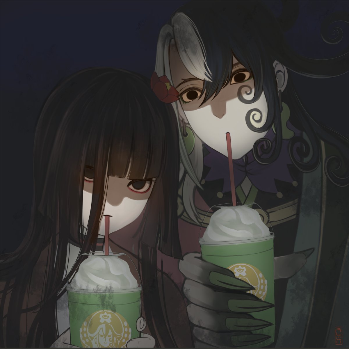 1boy 1girl ashiya_douman_(fate) black_eyes black_hair cup dark disposable_cup drinking_straw fate/grand_order fate_(series) fingernails flower green_nails hair_flower hair_ornament highres long_hair multicolored_hair sen_no_rikyu_(fate) sharp_fingernails split-color_hair ushijiya white_hair