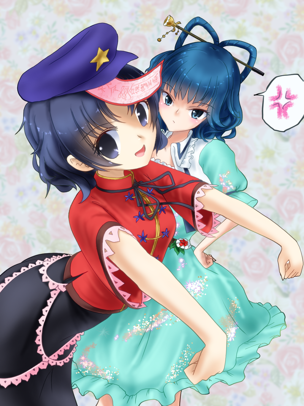 2girls anger_vein ankake_hitokaji aqua_dress bangs black_eyes black_hair black_ribbon black_skirt blue_eyes blue_hair breasts cabbie_hat chinese_clothes closed_mouth collared_vest commentary_request dress feet_out_of_frame floral_background frown hair_ornament hair_rings hair_stick hat hat_ornament highres jiangshi kaku_seiga lace-trimmed_sleeves lace_trim looking_at_viewer medium_breasts medium_hair miyako_yoshika multiple_girls neck_ribbon ofuda open_clothes open_mouth open_vest outstretched_arms purple_headwear red_shirt ribbon shirt short_sleeves skirt smile spoken_anger_vein star_(symbol) star_hat_ornament tangzhuang touhou vest white_vest wide_sleeves zombie_pose