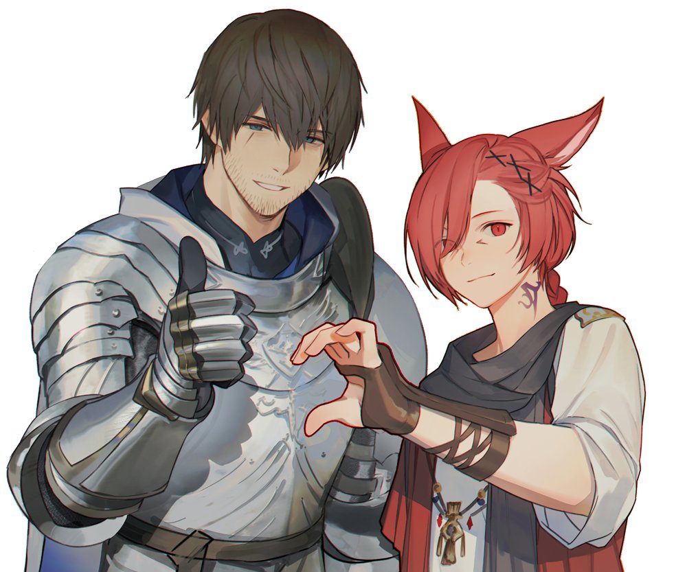 2boys adventurer_(ff14) animal_ears armor bangs black_scarf blue_eyes braid braided_ponytail breastplate brown_gloves brown_hair cat_ears elbow_gloves facial_hair facial_mark ffxivys final_fantasy final_fantasy_xiv fingerless_gloves g'raha_tia gauntlets gloves grey_shirt hair_ornament hand_up heart_hands_failure hyur jewelry looking_at_viewer low_ponytail male_focus miqo'te multiple_boys neck_tattoo paladin_(final_fantasy) pendant red_eyes redhead scar scar_on_cheek scar_on_face scarf shirt short_hair simple_background single_braid smile stubble swept_bangs tattoo thumbs_up upper_body white_background x_hair_ornament