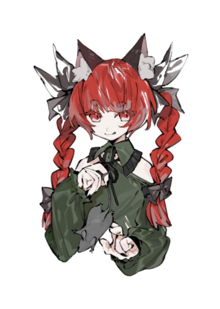 1girl :q adapted_costume animal animal_ears bare_shoulders bow braid cat_ears cropped_torso dress green_dress hair_bow holding holding_animal kaenbyou_rin looking_at_viewer mouse red_eyes redhead simple_background solo tongue tongue_out touhou twin_braids upper_body user_rmkk4572 white_background