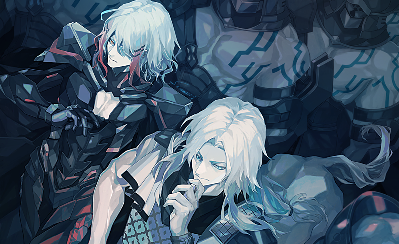 6+boys armlet armor bangs black_armor black_cape body_armor cape centaur chiron_(fate) cleavage_cutout closed_mouth clothing_cutout commentary_request curtained_hair expressionless fate/apocrypha fate/grand_order fate_(series) helmet long_hair looking_away male_focus multicolored_hair multiple_boys muscular muscular_male odysseus_(fate) pectoral_cleavage pectorals redhead scarf sei_8220 sleeveless streaked_hair tattoo taur tunic two-tone_hair white_hair white_tunic yellow_eyes