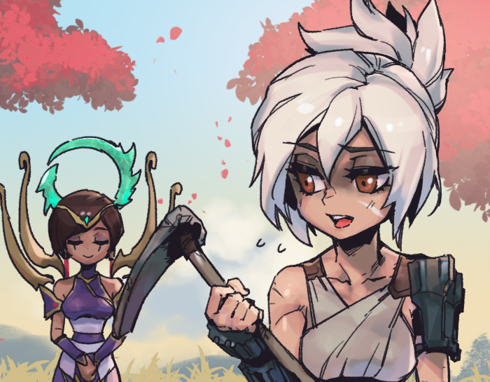 2girls :d bangs bare_shoulders blush breasts brown_eyes brown_hair collarbone commentary flying_sweatdrops grass grey_hair holding holding_weapon karma_(league_of_legends) large_breasts league_of_legends medium_breasts multiple_girls outdoors petals phantom_ix_row riven_(league_of_legends) shiny shiny_hair short_hair smile symbol-only_commentary tree weapon