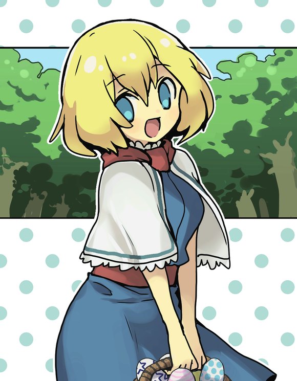 1girl :d alice_margatroid bangs basket blonde_hair blue_dress blue_eyes breasts capelet commentary_request cookie_(touhou) cowboy_shot dress easter_egg egg forest hair_between_eyes holding holding_basket looking_at_viewer nahori_(hotbeans) nature open_mouth polka_dot polka_dot_background red_sash red_scarf sash scarf short_hair small_breasts smile solo touhou tree web_(cookie) white_capelet