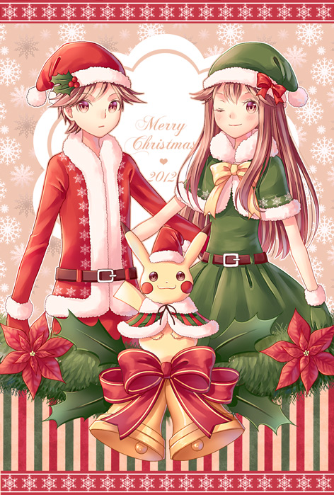 1boy 1girl ;) bangs bell belt brown_belt brown_eyes brown_hair capelet christmas closed_mouth commentary_request dress fur-trimmed_capelet fur_trim gloves green_capelet green_dress green_gloves green_headwear hat hatted_pokemon heart jacket leaf_(pokemon) long_hair long_sleeves looking_at_viewer merry_christmas one_eye_closed pikachu pokemon pokemon_(creature) pokemon_(game) pokemon_frlg red_(pokemon) red_headwear red_jacket red_ribbon ribbon santa_costume santa_hat scbstella short_hair smile