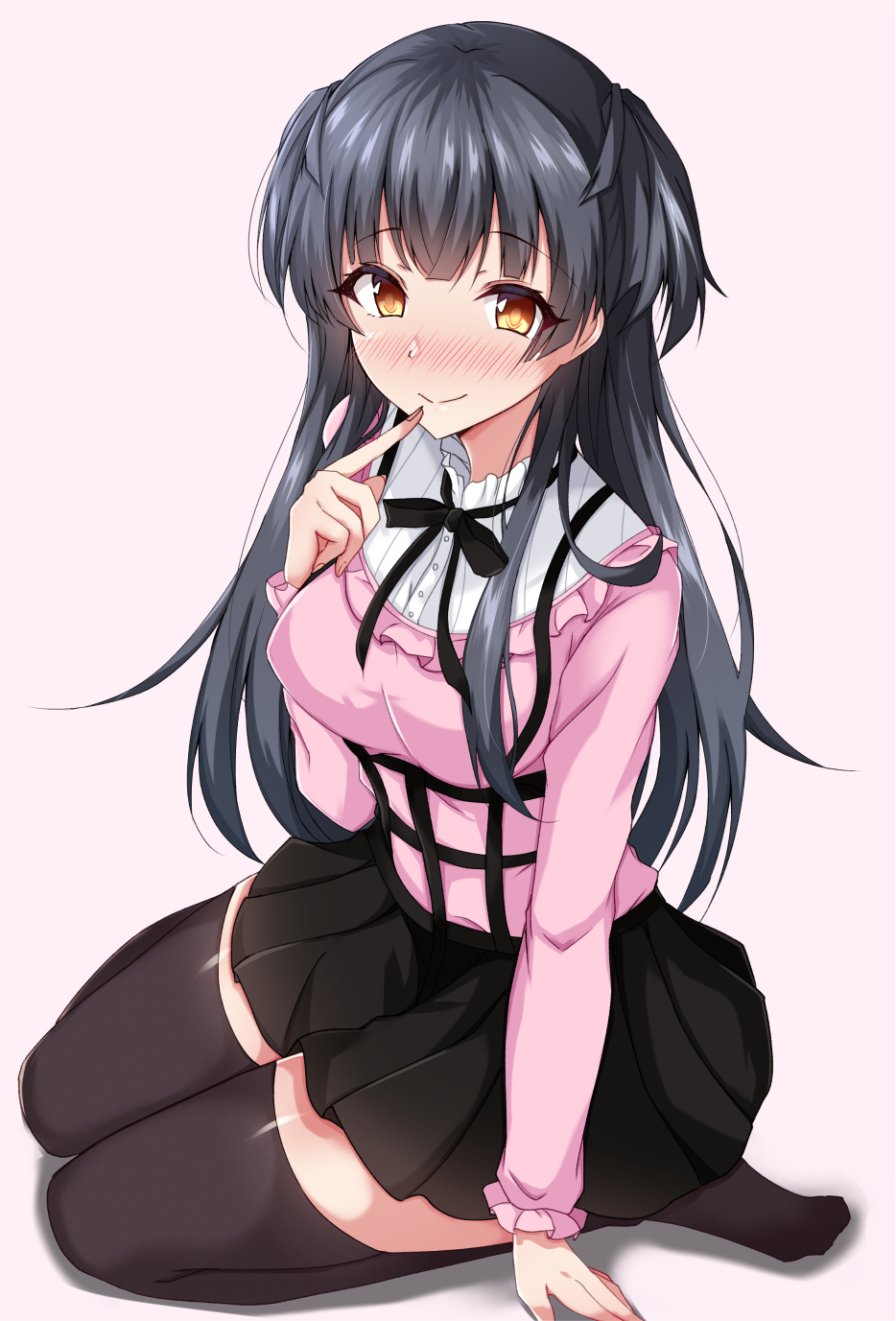 1girl black_hair black_ribbon black_skirt black_thighhighs blush brown_eyes closed_mouth collar commentary_request finger_to_mouth frilled_collar frills grey_background hair_ribbon high_collar highres idolmaster idolmaster_shiny_colors long_hair long_sleeves looking_at_viewer mayuzumi_fuyuko miniskirt naba_(take_tonbo) neck_ribbon no_shoes partial_commentary pink_shirt pleated_skirt ribbon seiza shadow shirt simple_background sitting skirt smile solo thigh-highs thighs two_side_up