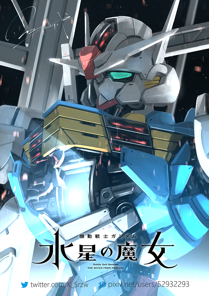 1girl ahoge black_background black_hairband commentary copyright_name english_text green_eyes gundam gundam_aerial gundam_suisei_no_majo hairband light long_hair low-tied_long_hair low_ponytail mecha mobile_suit open_cockpit pixiv_id redhead robot serike_w signature suletta_mercury twitter_username upper_body v-fin