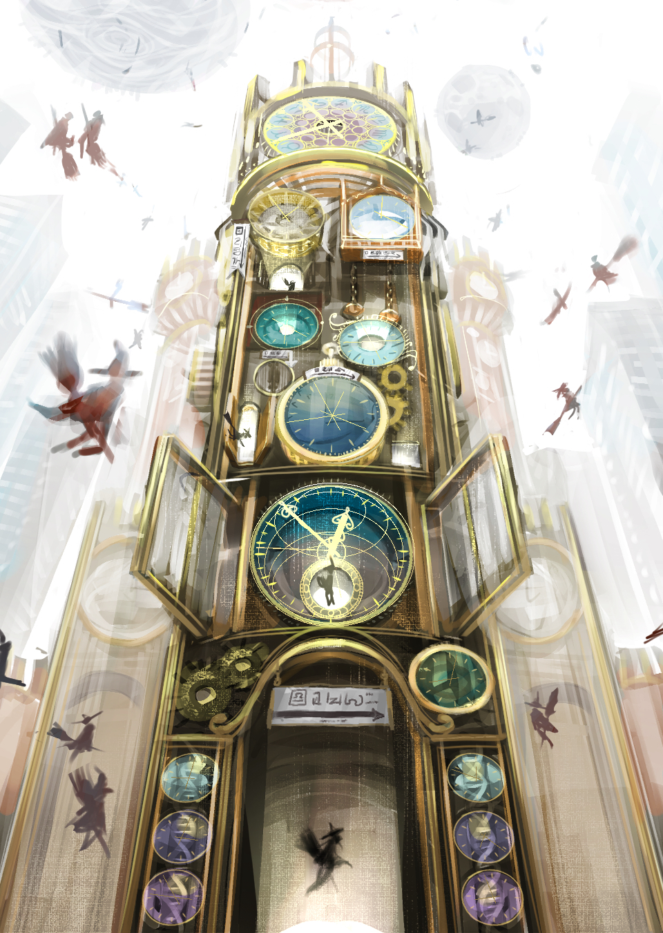 6+others ambiguous_gender broom broom_riding building clock clock_tower hat highres mallllma multiple_others original steampunk too_many_clocks tower witch witch_hat wizard_hat