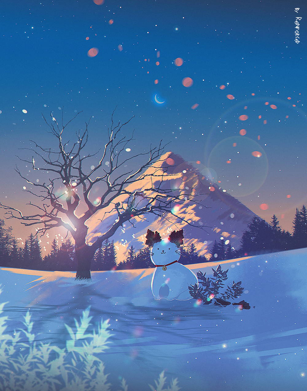 blue_sky highres mountain no_humans original pine_tree reinforced scenery sky snow snow_cat sunset tree winter