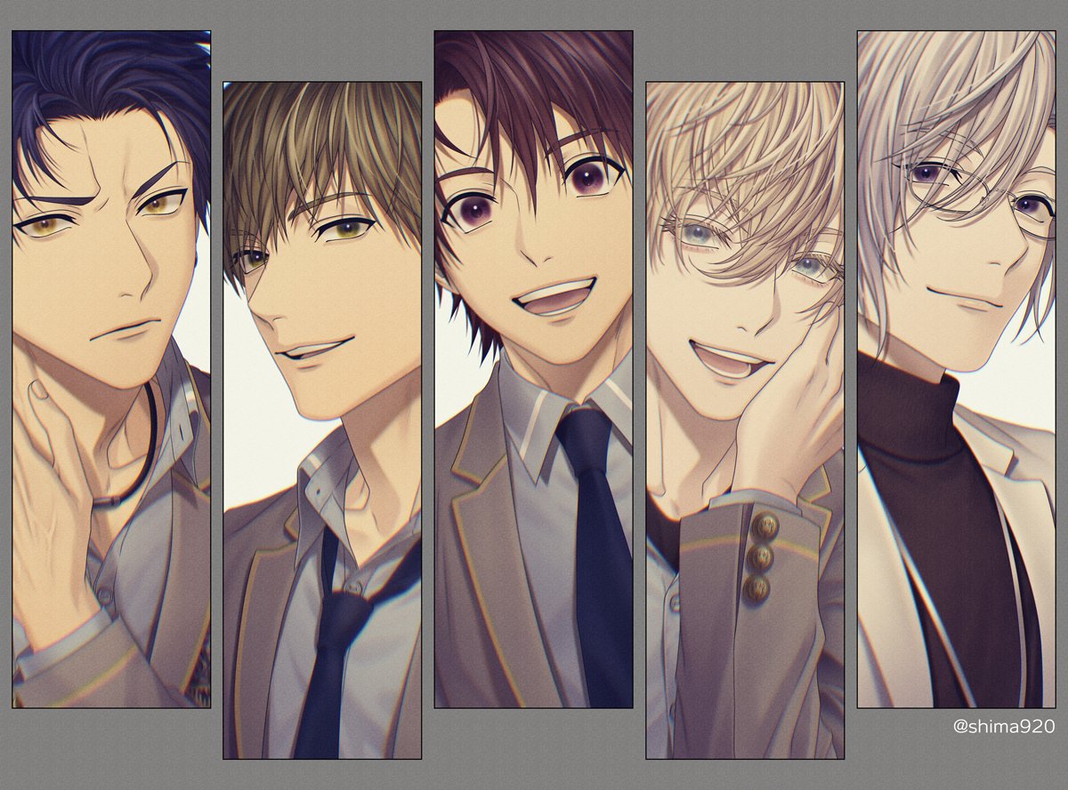 5boys :d asaka_tamaki_(haiiro_no_arcadia) ayame_riou bangs black_shirt blazer blonde_hair blue_hair blue_necktie brown_eyes brown_hair brown_jacket buttons closed_mouth collared_shirt column_lineup commentary_request glasses grey_background grey_eyes grey_shirt haiiro_no_arcadia hair_between_eyes hand_on_own_cheek hand_on_own_face hand_up happy jacket light_brown_hair long_sleeves looking_at_viewer male_focus mashima_shima multiple_boys necktie official_art open_mouth parted_bangs school_uniform serious shikimi_sekai shirt short_hair smile teeth tokishima_seri tsutsuji_kouichi turtleneck twitter_username upper_body upper_teeth