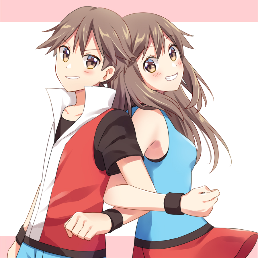1boy 1girl bangs blue_shirt blush brown_eyes brown_hair commentary_request eyelashes from_side grin jacket leaf_(pokemon) locked_arms long_hair looking_at_viewer pants parted_lips pokemon pokemon_(game) pokemon_frlg popped_collar red_(pokemon) red_jacket red_skirt scbstella shirt short_hair short_sleeves skirt sleeveless sleeveless_jacket sleeveless_shirt smile teeth wristband