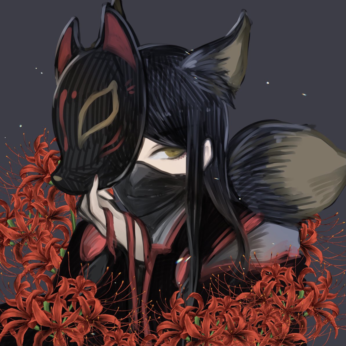 1boy animal_ears bangs black_hair brown_eyes danganronpa_(series) danganronpa_v3:_killing_harmony flower fox_ears fox_mask grey_background holding holding_ribbon imomochi_(imomoch1) long_hair long_sleeves male_focus mask mask_on_head mouth_mask red_flower red_ribbon ribbon shinguuji_korekiyo simple_background solo spider_lily upper_body