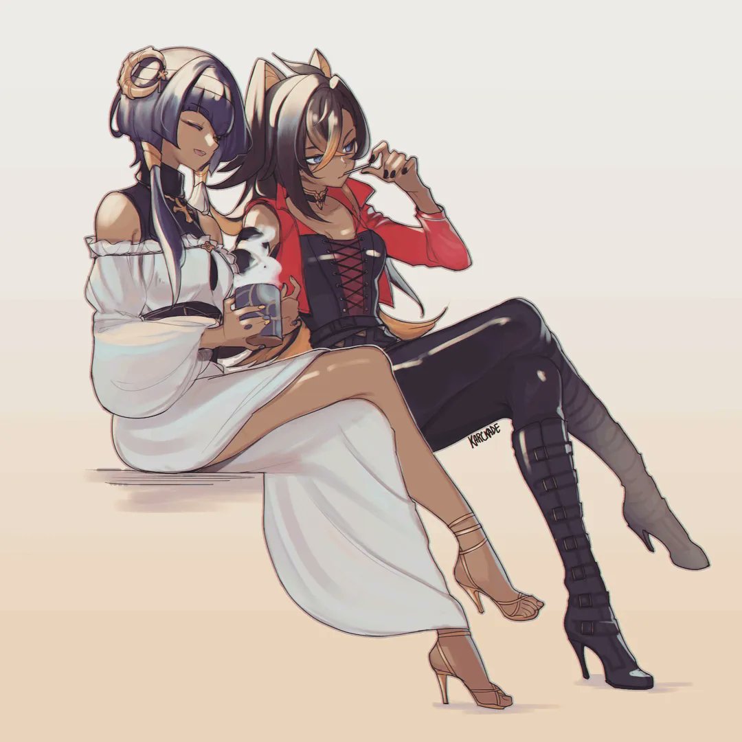 2girls alternate_costume black_choker black_footwear black_nails blue_eyes blue_hair boots brown_hair candace_(genshin_impact) choker closed_eyes coffee_mug cropped_jacket cross-laced_clothes cross-laced_top crossed_legs cup dark-skinned_female dark_skin dehya_(genshin_impact) dress english_commentary full_body genshin_impact halterneck jacket jewelry karckade leather leather_pants long_dress long_hair low_twintails mug multiple_girls necklace pants red_jacket side_slit turtleneck twintails white_hair wide_sleeves