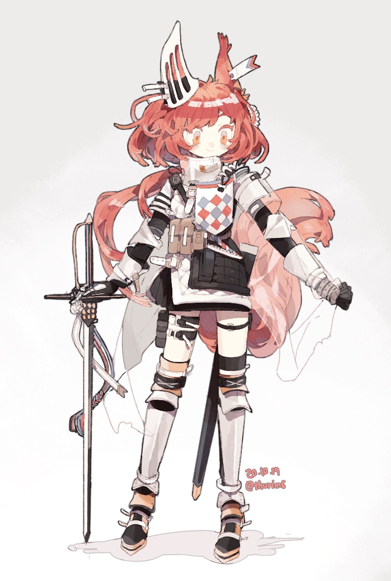 1girl animal_ears arknights armor armored_boots boots dated ear_covers ear_tag earpiece flametail_(arknights) full_body gauntlets long_hair ponytail redhead smile solo squirrel_ears squirrel_girl squirrel_tail standing sword tail thigh_pouch thigh_strap thurim6 twitter_username weapon