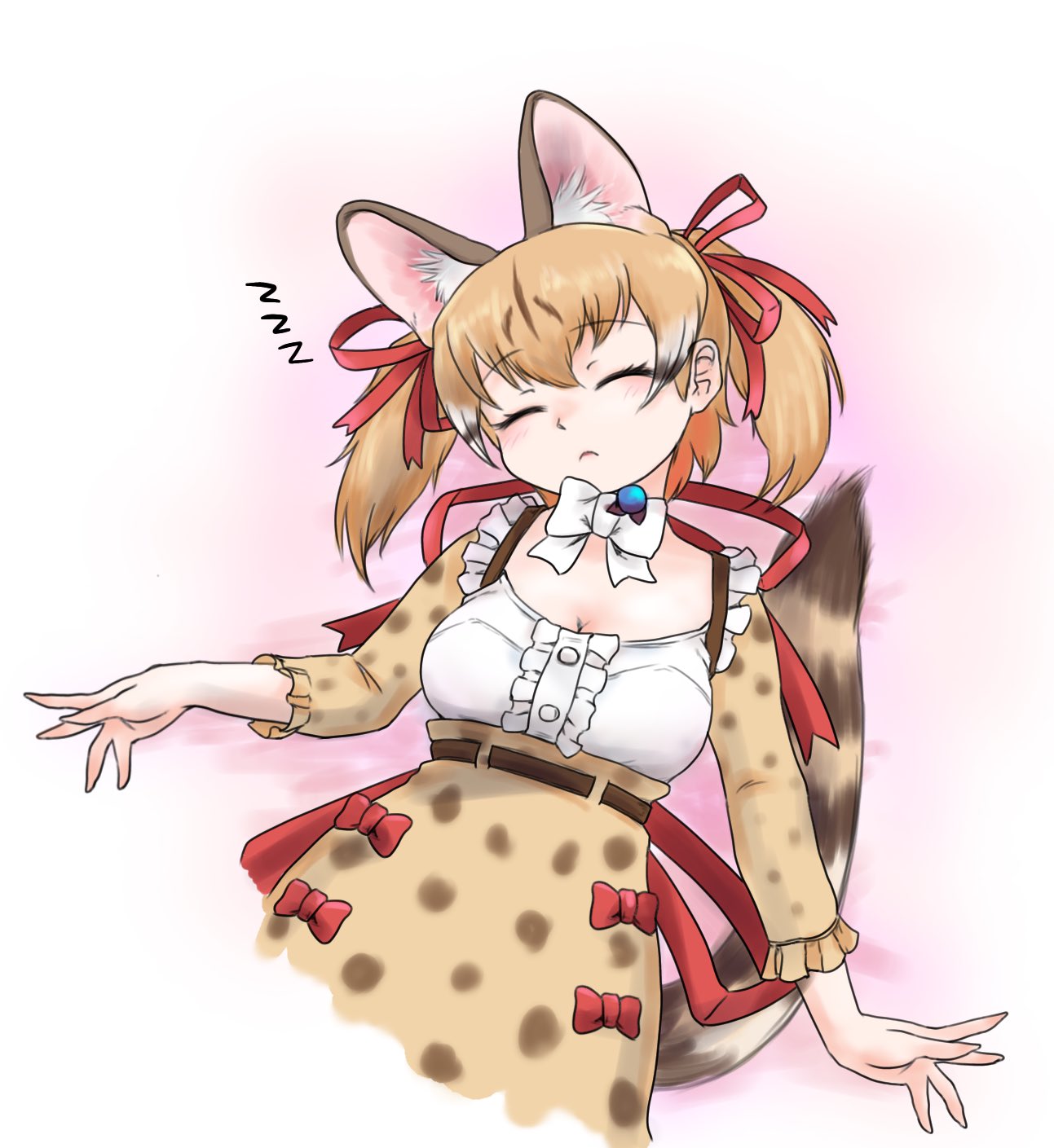 1girl animal_costume animal_ear_fluff animal_ears belt bow bowtie brown_hair cat_ears cat_girl cat_tail closed_eyes closed_mouth extra_ears highres kemono_friends kemono_friends_v_project large-spotted_genet_(kemono_friends) long_hair microphone multicolored_hair ribbon saja_(166j357) shirt simple_background skirt sleeping solo suspenders tail twintails virtual_youtuber