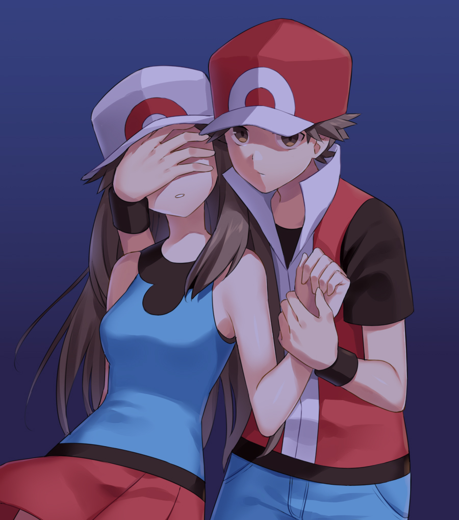 1boy 1girl blue_background blue_pants blue_shirt brown_eyes brown_hair closed_mouth commentary_request covering_another's_eyes hat jacket leaf_(pokemon) looking_at_viewer pants parted_lips pleated_skirt pokemon pokemon_(game) pokemon_frlg red_(pokemon) red_headwear red_jacket red_skirt scbstella shirt short_hair short_sleeves skirt sleeveless sleeveless_jacket sleeveless_shirt t-shirt white_headwear wristband