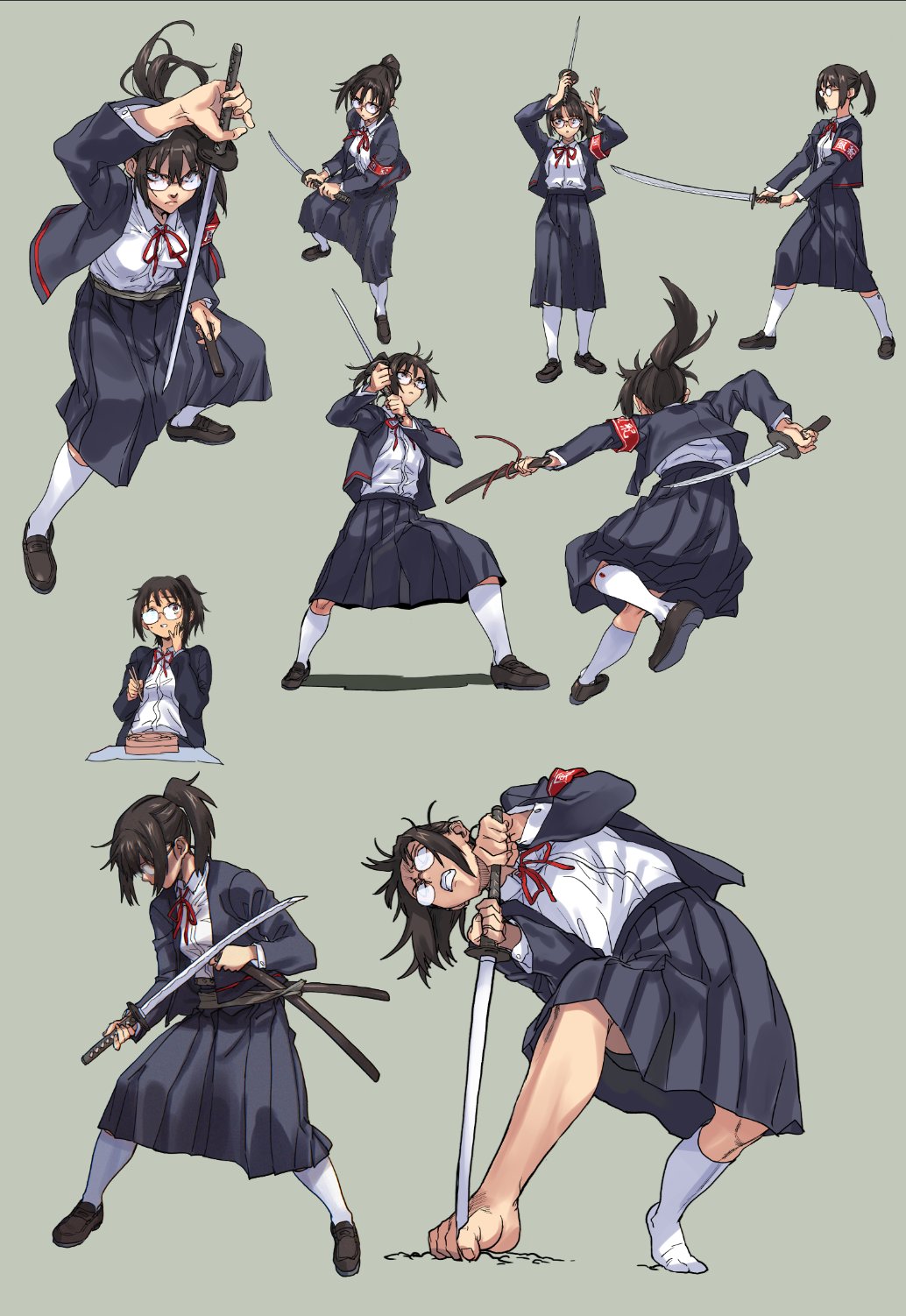 1girl armband black_jacket chopsticks clenched_teeth frown glasses highres jacket katana kneehighs long_skirt opaque_glasses original pleated_skirt ponytail sameda_koban school_uniform sheath skirt socks sword teeth weapon