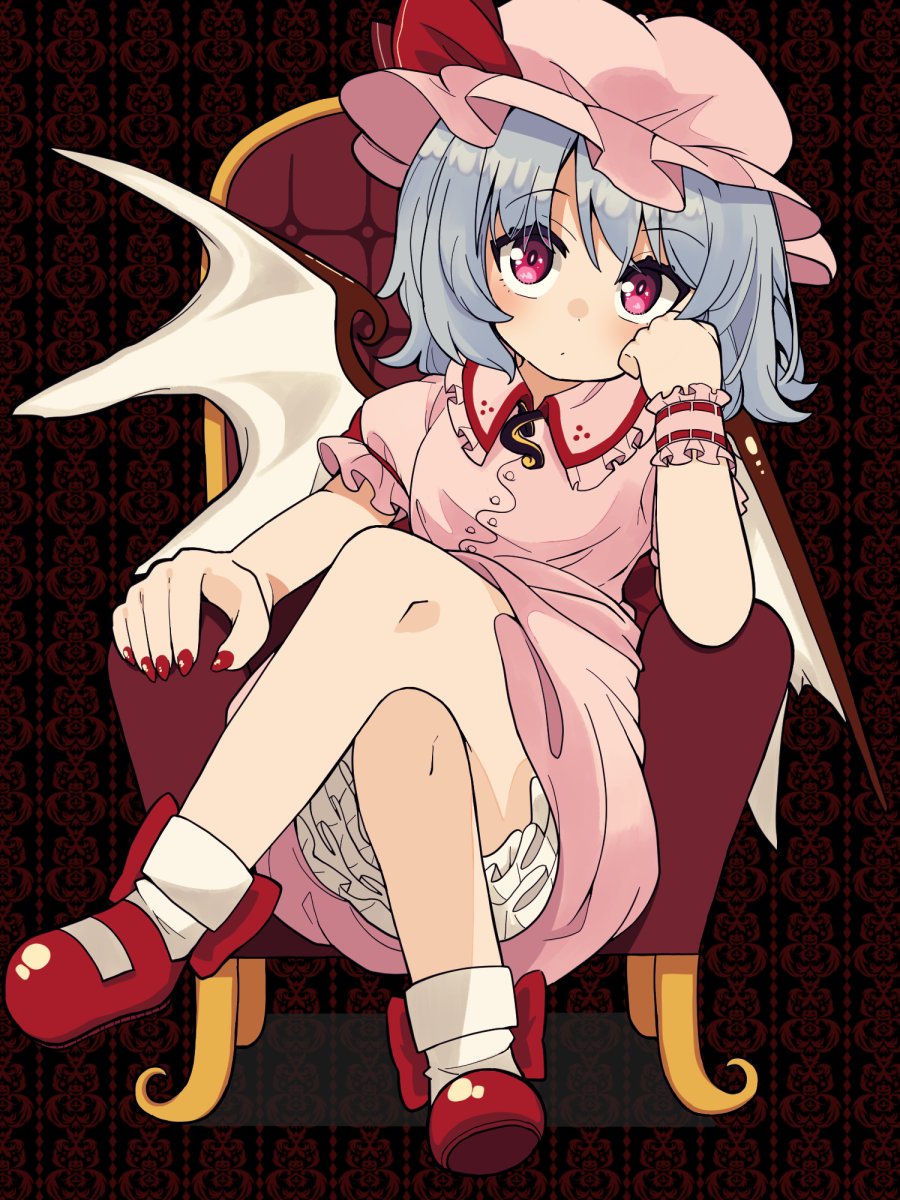 1girl arm_support armchair bangs bat_wings blue_hair bobby_socks bow breasts buttons chair closed_mouth collared_dress commentary_request crossed_legs dress eyes_visible_through_hair footwear_bow full_body hat hat_bow highres looking_at_viewer mary_janes mob_cap pink_dress pink_eyes red_bow red_nails remilia_scarlet shoes short_hair single_wrist_cuff sitting small_breasts socks solo touhou wings wrist_cuffs yamase
