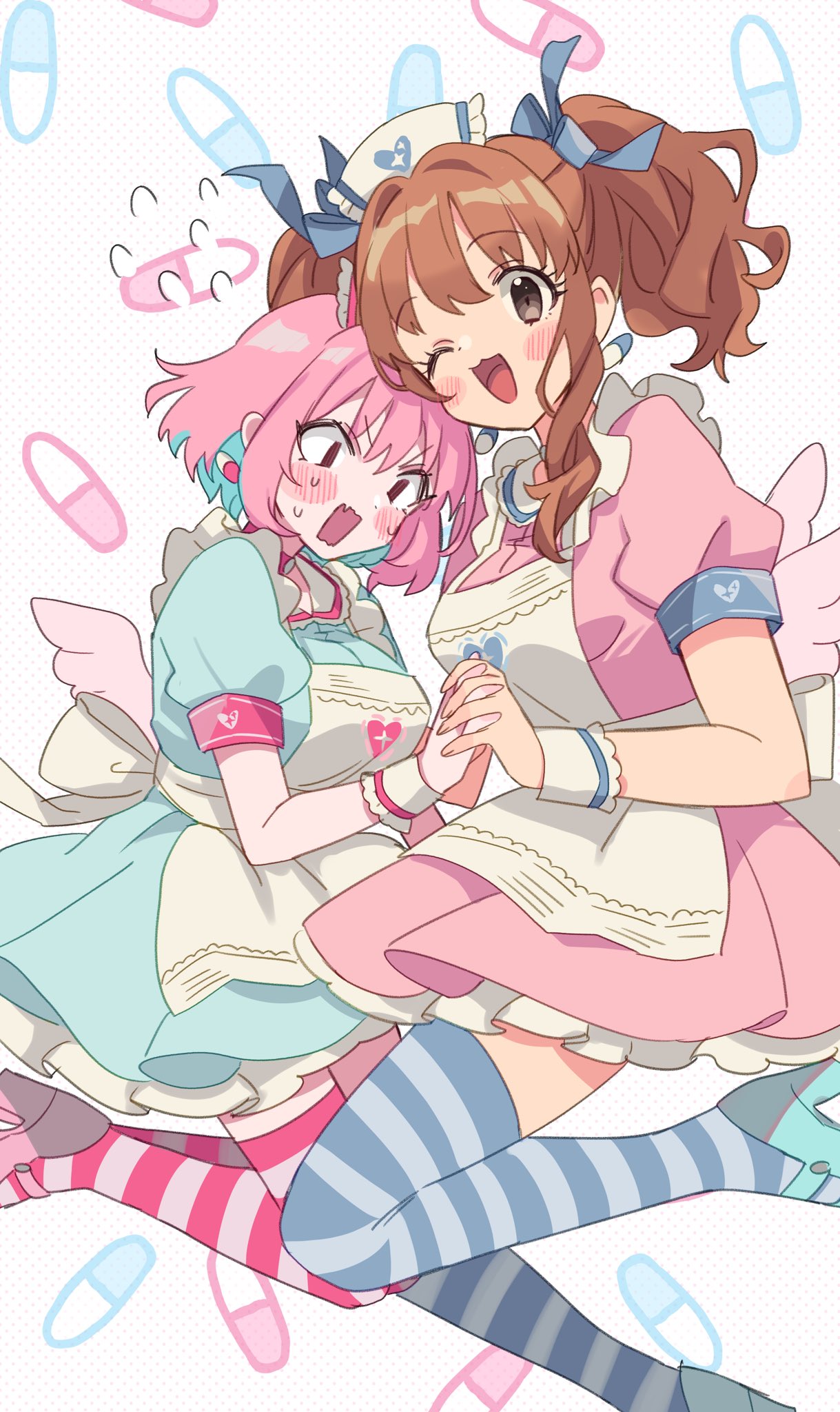 2girls angel_wings apron armband blue_dress blue_footwear blush_stickers breasts brown_hair cosplay dress earrings fake_wings fang frilled_apron frills from_side hair_ribbon hat heart heart_print high_heels highres holding_hands idolmaster idolmaster_cinderella_girls idolmaster_cinderella_girls_starlight_stage jewelry large_breasts looking_at_viewer looking_down moroboshi_kirari multicolored_hair multiple_girls nurse_cap official_alternate_costume one_eye_closed open_mouth petticoat pill_background pill_earrings pink_dress pink_footwear polka_dot polka_dot_background puffy_short_sleeves puffy_sleeves ribbon saito_katuo short_sleeves skin_fang sparkle_print striped thigh-highs two-tone_hair v-shaped_eyebrows white_apron wide-eyed wings wrist_cuffs yumemi_riamu yumemi_riamu_(cosplay)