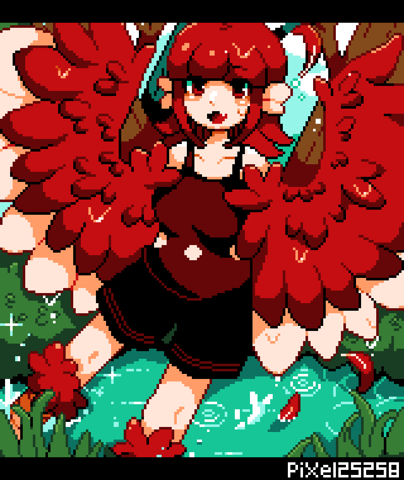 1girl animal_ears artist_name bangs bare_shoulders bird_ears bird_legs black_shorts commentary_request fang feathered_wings feathers grass harpy letterboxed medium_hair monster_girl open_mouth original outdoors partially_submerged pixel25251 pixel_art red_eyes red_feathers red_tank_top red_wings redhead shorts sidelocks solo tank_top tree water winged_arms wings