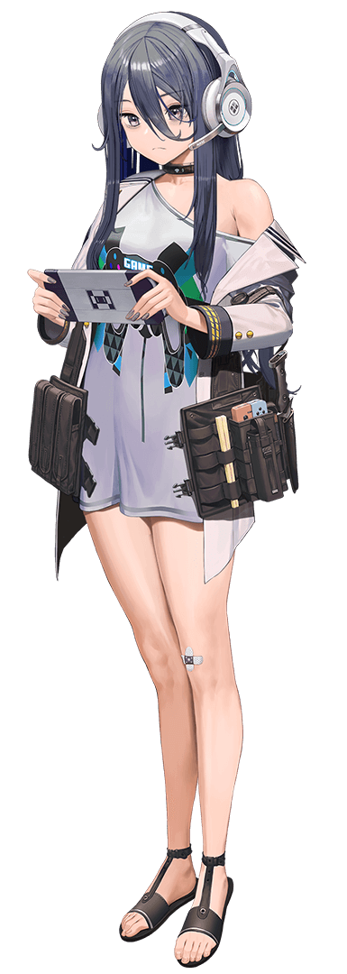 1girl bad_source bandaid bandaid_on_knee bandaid_on_leg black_footwear black_hair exia_(nikke) goddess_of_victory:_nikke hair_between_eyes handheld_game_console headset holding holding_handheld_game_console jacket long_hair off_shoulder official_art open_clothes open_jacket playing_games sandals solo