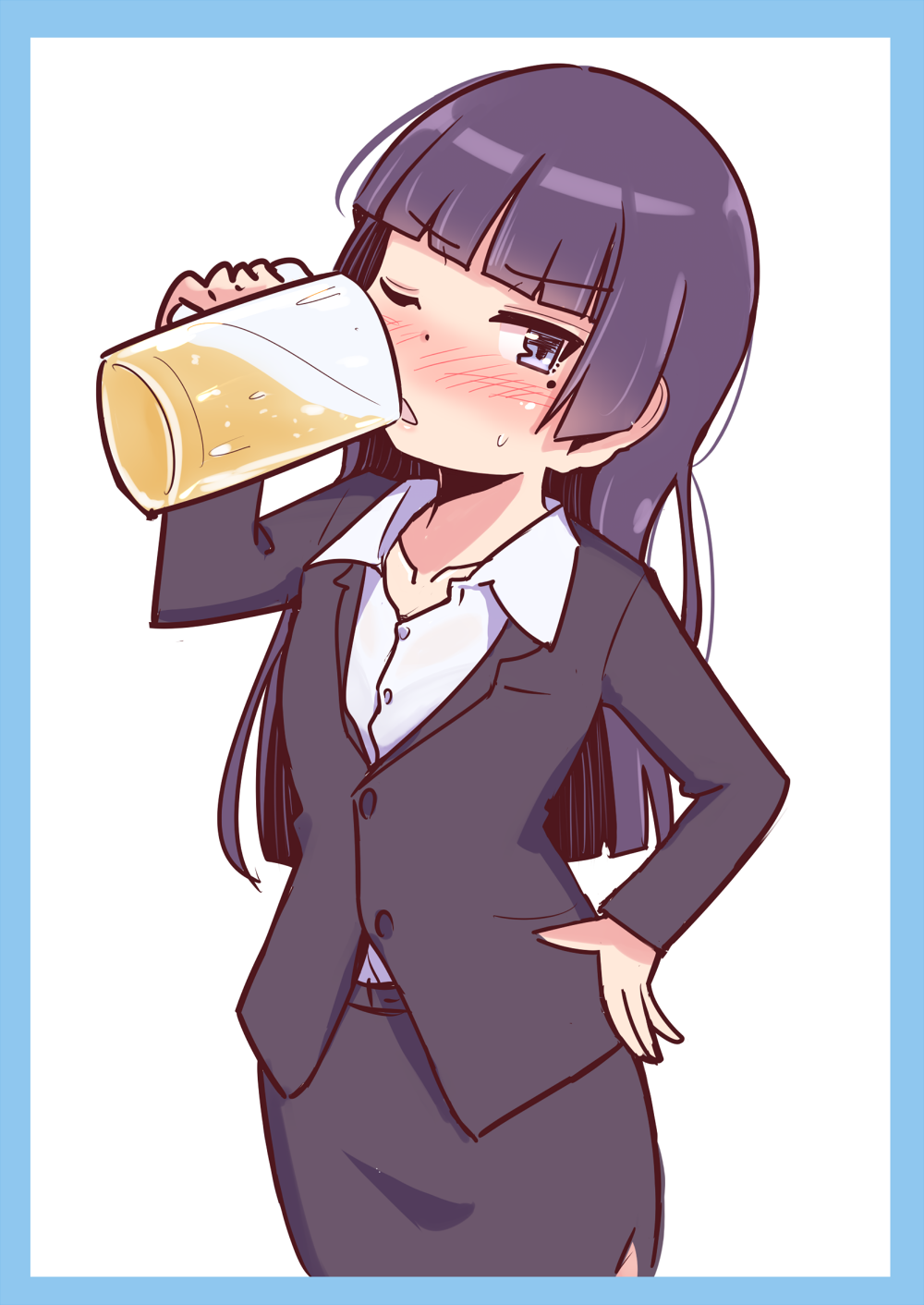 1girl alcohol bangs beer beer_mug black_hair blunt_bangs cup drink drinking formal gokou_ruri grey_jacket grey_skirt highres jacket long_hair looking_at_viewer mole mole_under_eye mug ore_no_imouto_ga_konna_ni_kawaii_wake_ga_nai pencil_skirt shirt simple_background skirt skirt_suit solo standing suit takatsuki_akira violet_eyes white_background white_shirt