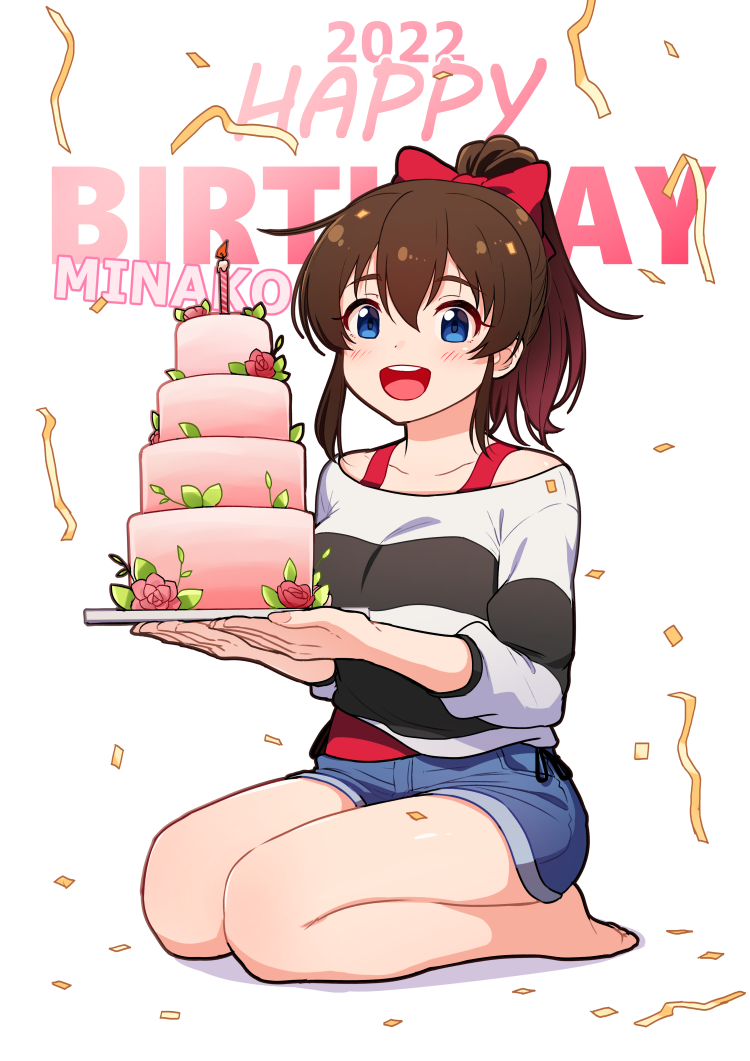 1girl 2022 background_text bangs barefoot birthday birthday_cake blue_eyes blue_shorts blush bow brown_hair cake candle character_name commentary confetti dated denim denim_shorts english_text flower food full_body hair_bow happy_birthday holding holding_cake holding_food holding_plate idolmaster idolmaster_million_live! kamille_(vcx68) leaf legs long_hair long_sleeves looking_at_viewer medium_hair off-shoulder_shirt off_shoulder open_mouth plate ponytail red_bow rose satake_minako seiza shirt shirt_straps short_shorts shorts sidelocks simple_background sitting smile solo streamers striped striped_shirt teeth thighs upper_teeth white_background white_shirt