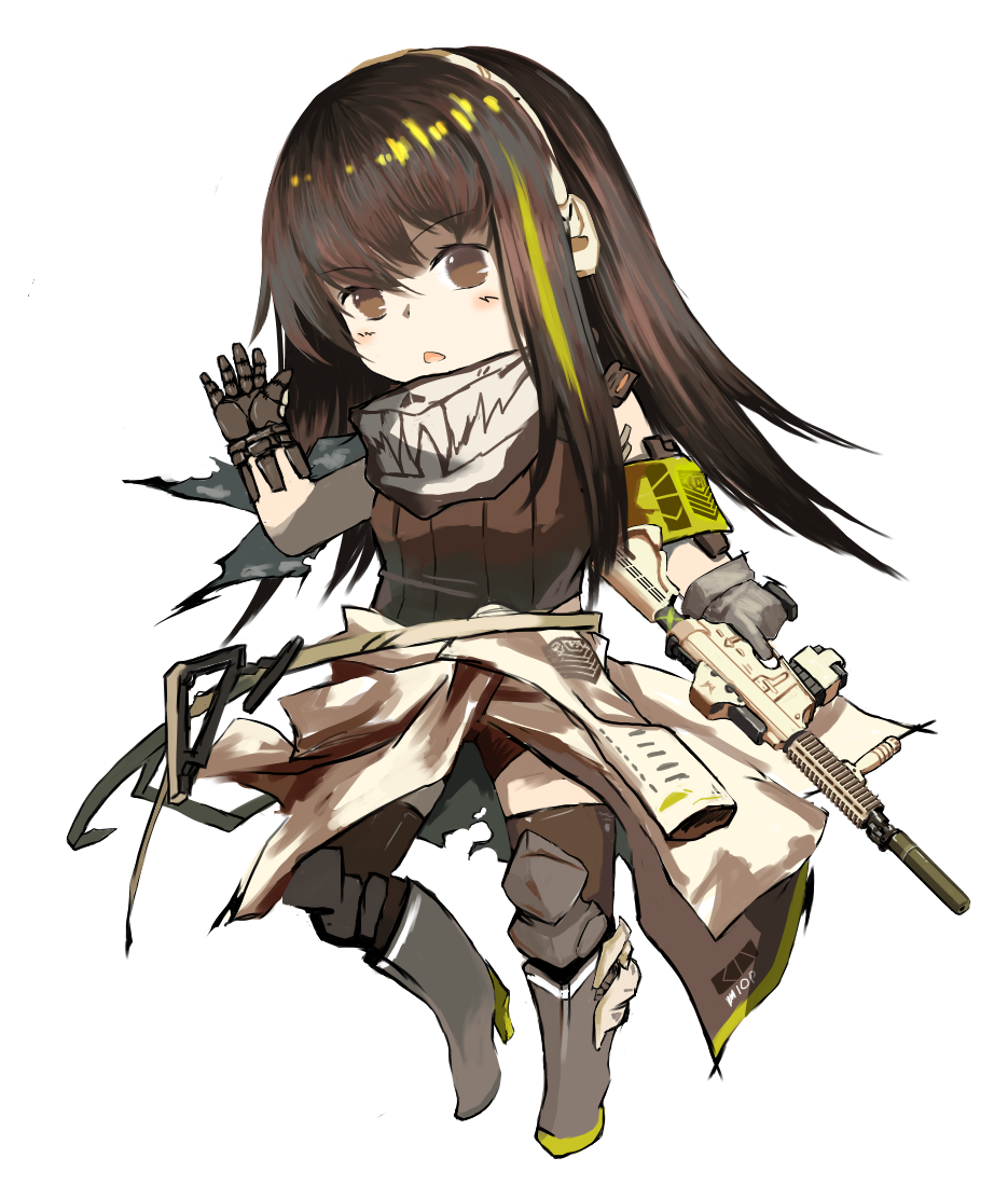 1girl arm_up assault_rifle bangs black_scarf blush boots brown_eyes brown_hair brown_sweater_vest chibi clothes_around_waist english_commentary full_body girls_frontline gloves gorilla_fei grey_footwear grey_gloves griffin_&amp;_kryuger gun holding holding_gun holding_weapon jacket jacket_around_waist long_hair looking_at_viewer m4_carbine m4a1_(girls'_frontline) multicolored_hair open_mouth print_scarf rifle scarf solo streaked_hair sweater_vest thigh-highs weapon white_background white_headwear