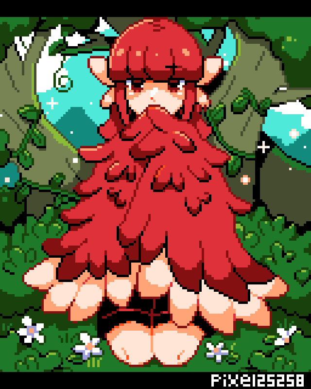 1girl animal_ears artist_name bangs bird_ears commentary_request covering_mouth feathered_wings feathers flower forest harpy kneeling letterboxed medium_hair monster_girl nature original pixel25251 pixel_art plant red_eyes red_feathers red_wings redhead sidelocks solo tree vines white_flower winged_arms wings