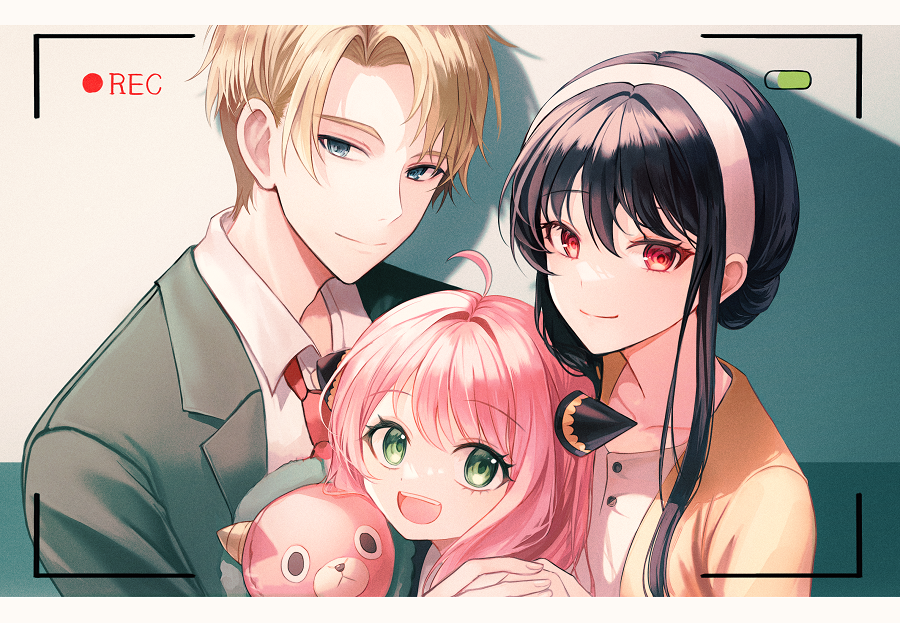 1boy 2girls 723/nanahumi :d ahoge anya_(spy_x_family) bangs black_hair black_jacket blonde_hair blue_eyes child closed_mouth collarbone collared_shirt commentary director_chimera_(spy_x_family) female_child green_eyes group_picture jacket long_hair multiple_girls necktie open_clothes open_jacket parted_bangs pink_hair recording red_eyes red_necktie shadow shirt smile spy_x_family standing stuffed_animal stuffed_toy twilight_(spy_x_family) upper_body viewfinder white_shirt yellow_jacket yor_briar
