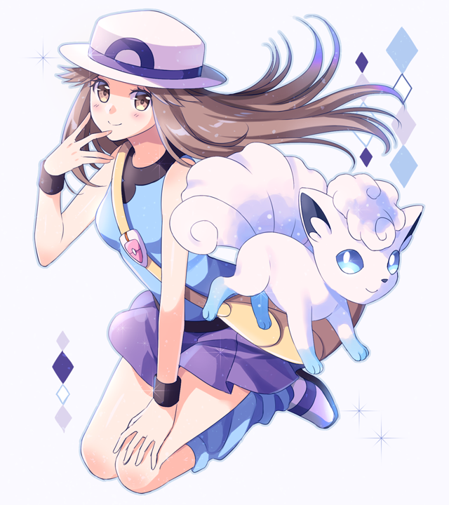 1girl alolan_vulpix alternate_color bag blue_shirt blue_socks blush brown_eyes brown_hair closed_mouth commentary_request diamond_(shape) eyelashes floating_hair hand_up hat leaf_(pokemon) long_hair loose_socks messenger_bag pleated_skirt pokemon pokemon_(creature) pokemon_(game) pokemon_frlg purple_skirt scbstella shirt shoes shoulder_bag skirt sleeveless sleeveless_shirt smile socks vs_seeker white_background white_footwear white_headwear wristband yellow_bag