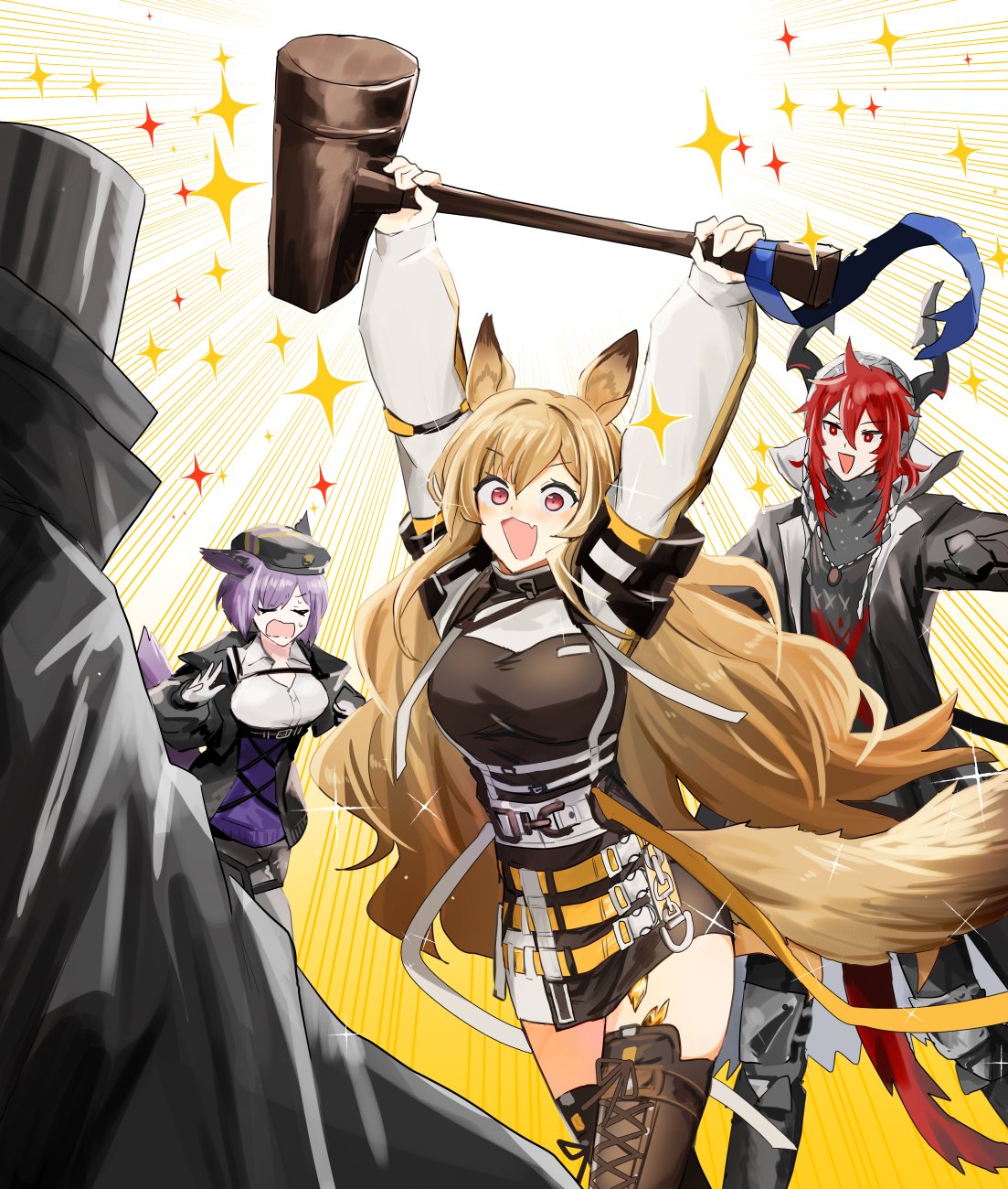 1boy 2girls animal_ears arknights black_footwear black_headwear black_jacket boots brown_hair cannot_goodenough ceobe_(arknights) closed_eyes collared_shirt commentary cross-laced_footwear demon_boy demon_horns dog_ears dog_girl dog_tail dress_shirt dur-nar_(arknights) fox_ears fox_girl fox_tail hammer hat highres holding holding_hammer horns iwashi_80 jacket lace-up_boots long_hair multiple_girls open_mouth purple_hair red_eyes redhead sesa_(arknights) shirt short_hair smile sparkle symbol-only_commentary tail thigh_boots white_shirt wing_collar