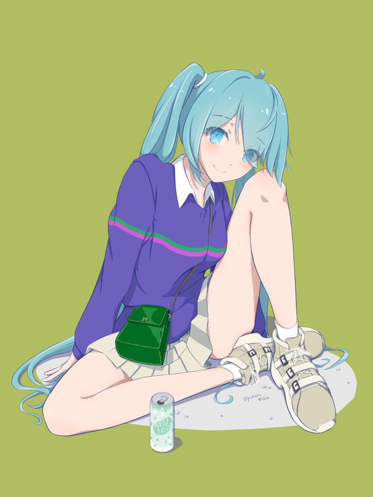 1girl bag blue_eyes blue_hair blush brown_footwear brown_skirt can closed_mouth collared_shirt commentary_request eyes_visible_through_hair green_background hair_over_one_eye hatsune_miku knee_up long_hair looking_at_viewer pleated_skirt purple_sweater shadow shirt shoes shoulder_bag simple_background sitting skirt smile socks solo sweater twintails very_long_hair vocaloid white_shirt white_socks yukichi_(yu-ame)