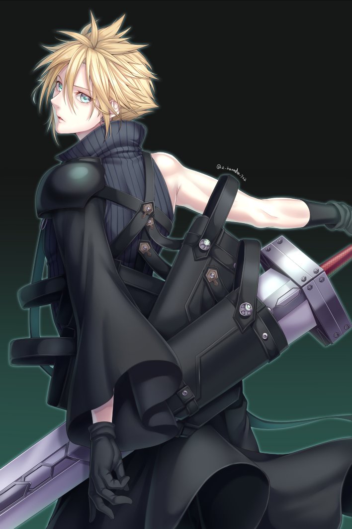 1boy apron aqua_eyes armor black_background black_gloves black_sleeves blonde_hair cloud_strife cowboy_shot drawing_sword earrings final_fantasy final_fantasy_vii final_fantasy_vii_advent_children first_ken from_behind furofuki_daikon fusion_swords gloves gradient gradient_background green_background grey_shirt hair_between_eyes high_collar holding holding_sword holding_weapon jewelry looking_at_viewer looking_back male_focus parted_lips shirt short_hair shoulder_armor single_bare_shoulder single_earring single_sleeve sleeveless sleeveless_shirt solo spiky_hair sword twitter_username waist_apron weapon