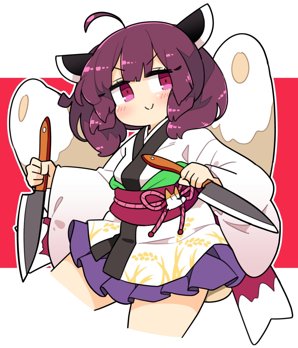 1girl :&gt; ahoge bangs blue_skirt brown_headwear closed_mouth cropped_legs headgear holding holding_knife ini_(inunabe00) japanese_clothes kimono kiritanpo_(food) knife long_sleeves looking_at_viewer outline pink_eyes red_background sash short_hair skirt smile solo touhoku_kiritan voiceroid white_kimono white_outline wide_sleeves