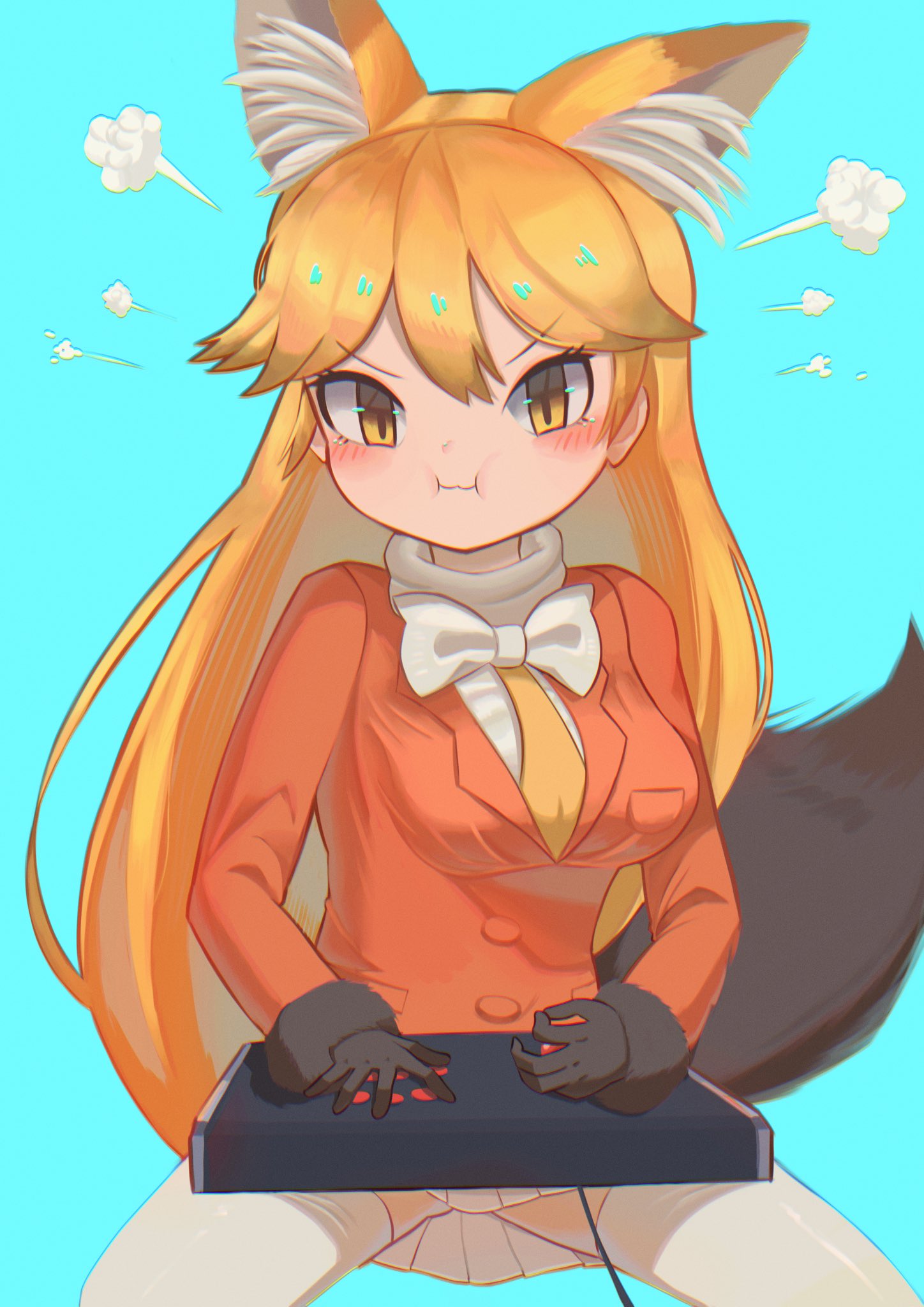 1girl :i angry animal_ears blush brown_fur brown_gloves commentary_request controller cowboy_shot ezo_red_fox_(kemono_friends) fox_ears fox_girl fox_tail fur_trim game_controller gloves head_steam highres jacket kemono_friends long_hair long_sleeves orange_eyes orange_hair orange_jacket osnmykk pleated_skirt skirt solo tail thigh-highs white_skirt white_thighhighs zettai_ryouiki