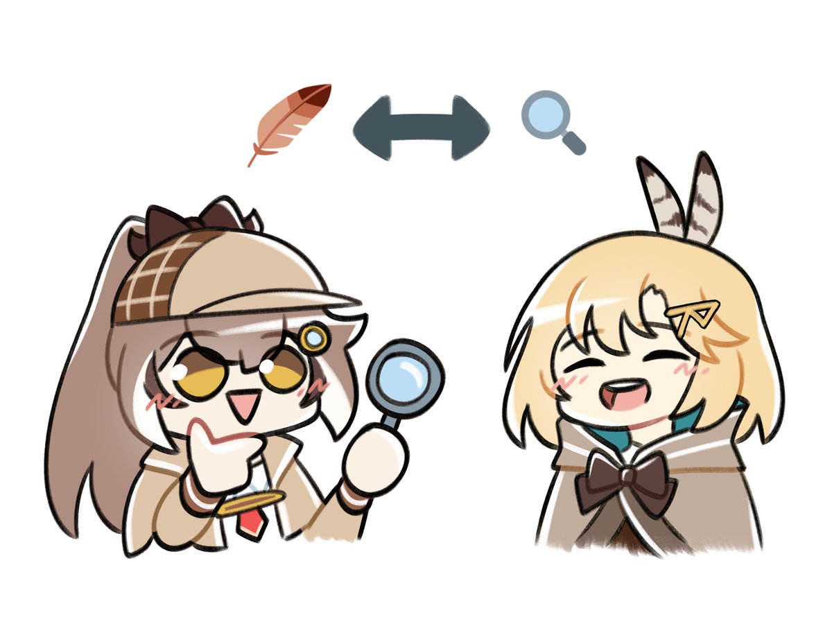 ahoge bangs blonde_hair brown_hair cosplay costume_switch deerstalker detective feather_hair_ornament feathers hair_ornament hat hololive hololive_english long_hair magnifying_glass monocle_hair_ornament multicolored_hair multiple_girls namelessakikaze nanashi_mumei open_mouth ponytail shirt short_hair smile streaked_hair trench_coat very_long_hair virtual_youtuber watson_amelia white_shirt