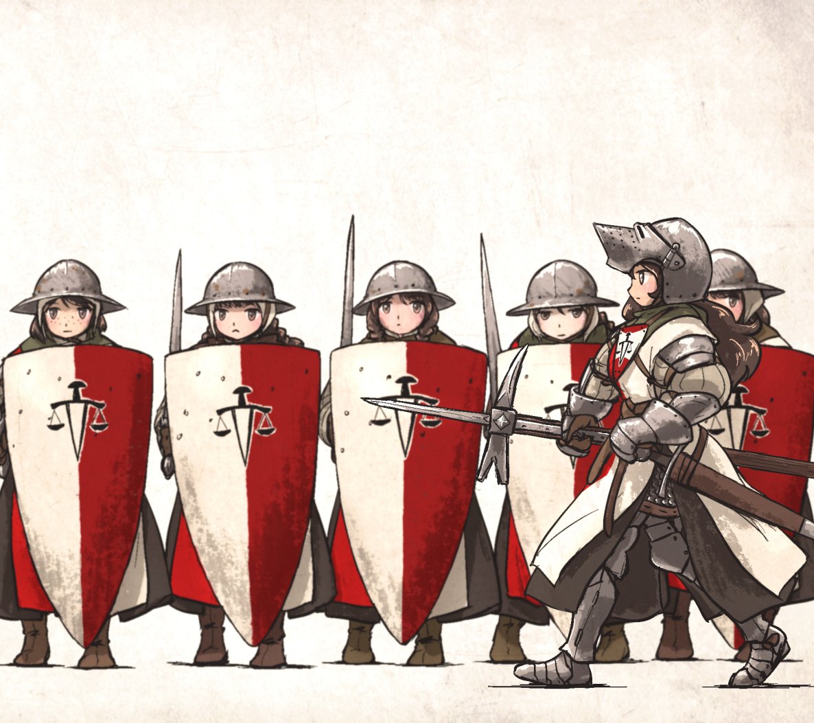 armor boots brown_hair emblem gambeson gauntlets gloves greaves hand_on_hilt helmet holding holding_polearm holding_weapon knight medieval original polearm scabbard sheath shield standing sword vanishlily war_hammer weapon