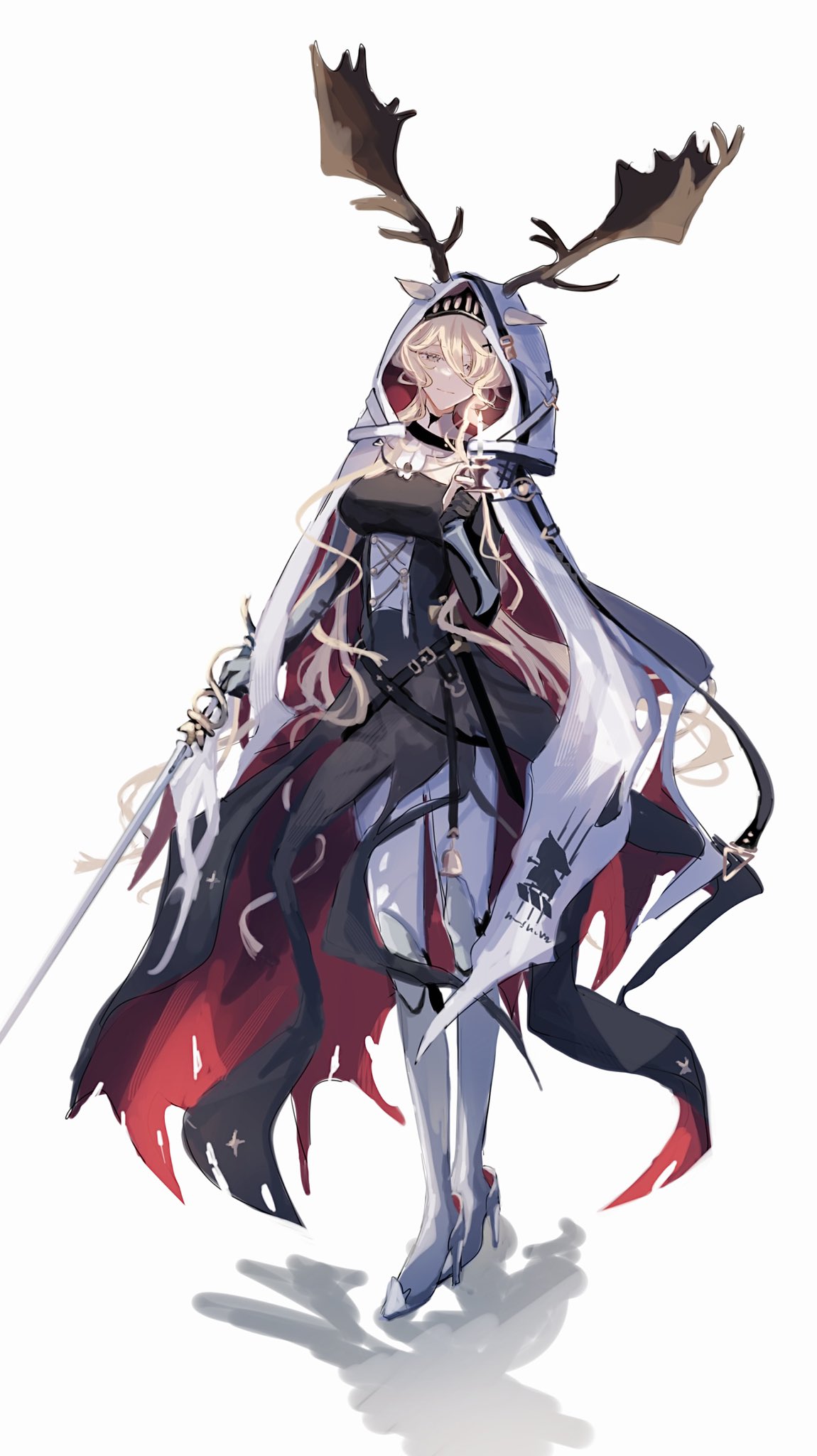 1girl animal_ears antlers_through_headwear arknights black_shirt blonde_hair breasts cape curly_hair deer_antlers deer_ears deer_girl ears_through_headwear full_body hair_between_eyes highres holding holding_sword holding_weapon hood hood_up hooded_cape kingdom_of_kazimierz_logo long_hair looking_at_viewer medium_breasts pantyhose shinooooo22 shirt shoes smile solo standing sword violet_eyes viviana_(arknights) weapon white_cape white_footwear white_pantyhose